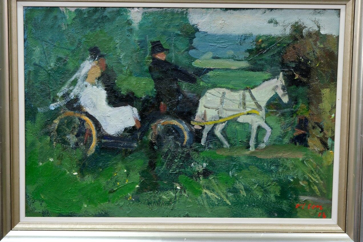 Peinture moderne suédoise 1973 huile sur panneau Ove Olson (1903-1975)