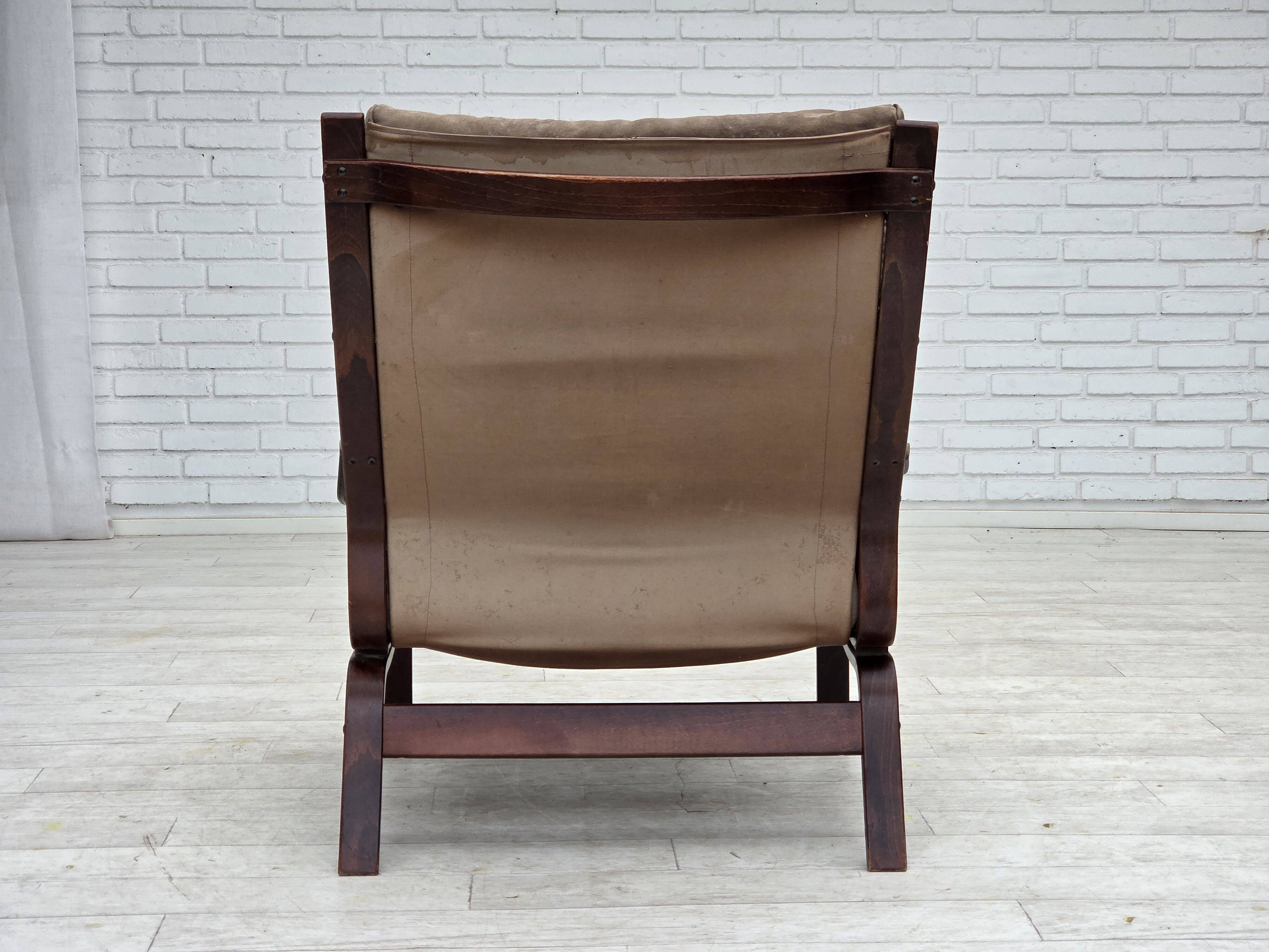 1970s, Scandinavian lounge chair, nubuck leather, canvas, beech wood.