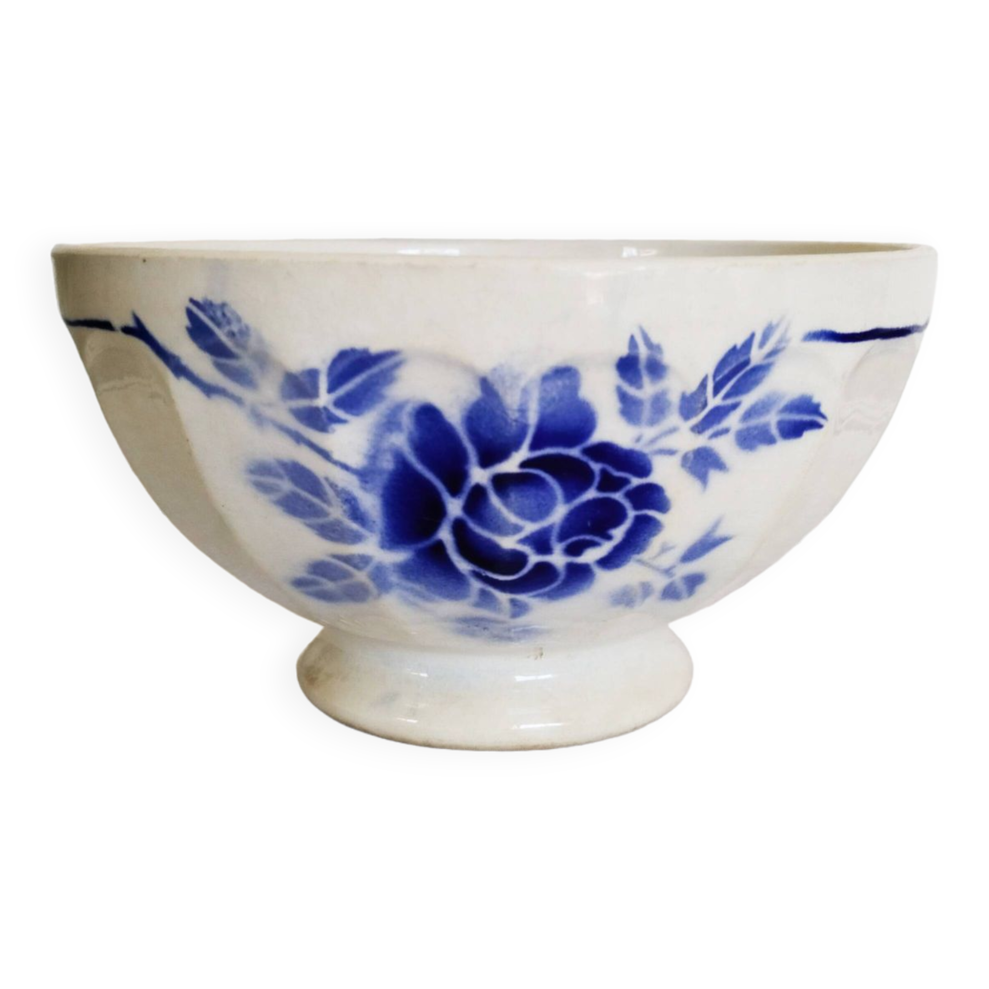 Large old blue bowl in vintage earthenware, 1940s