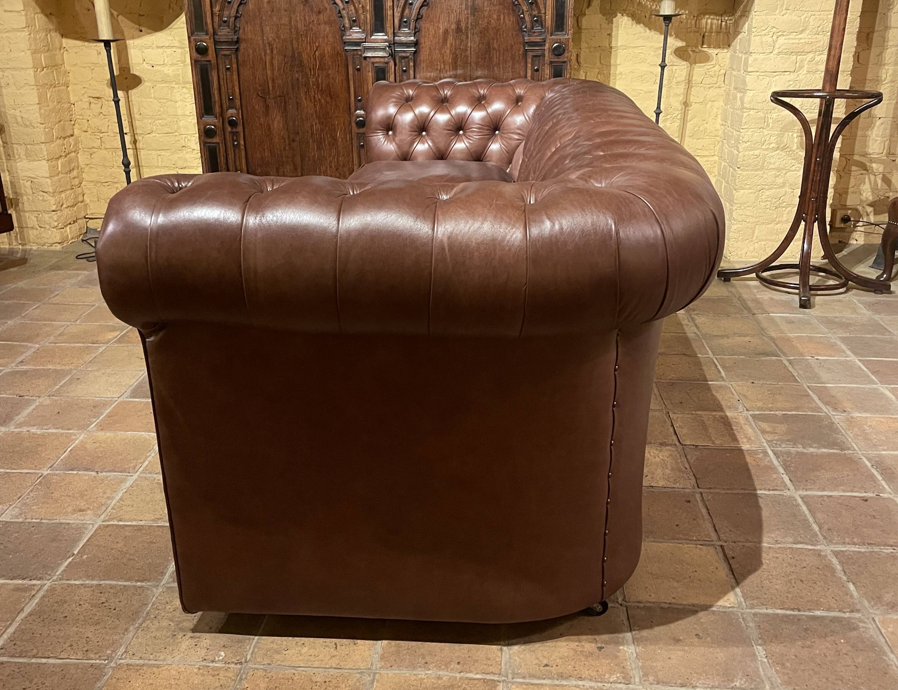 brown leather 3-seater Chesterfield sofa