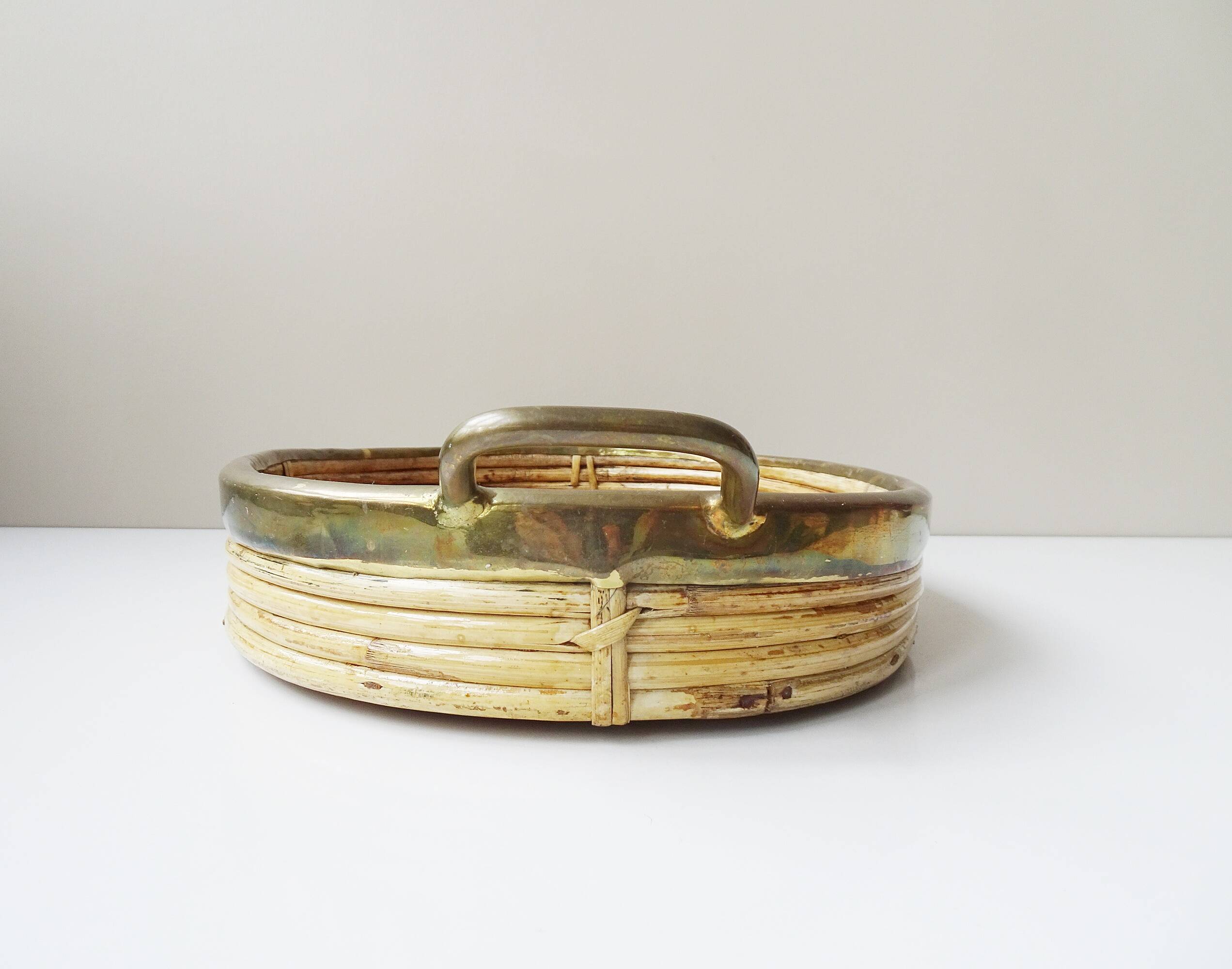 Rattan and brass tray, Gabriella Crespi style serving tray ​