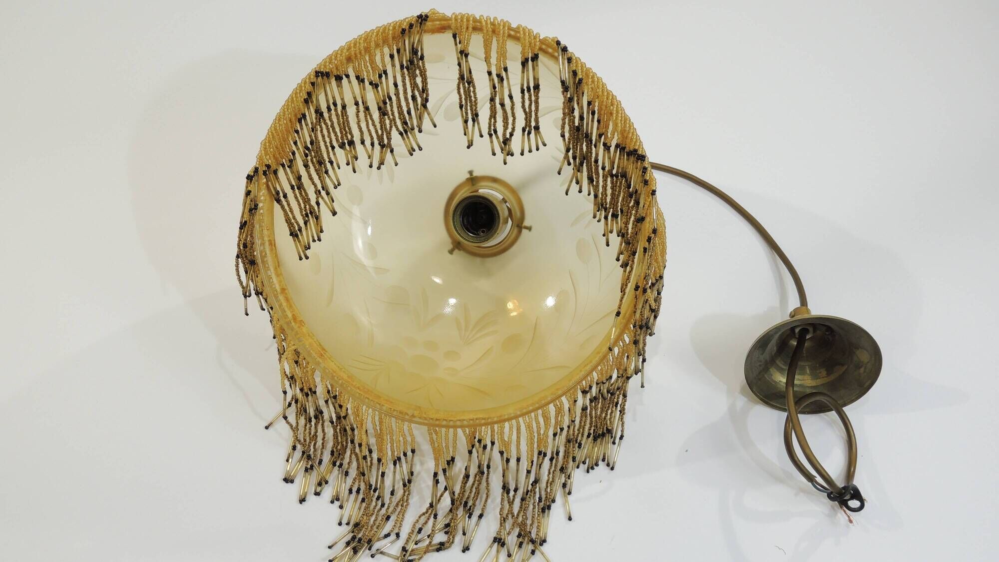 Vintage frosted glass pendant light with beaded fringes - Art Deco lamp