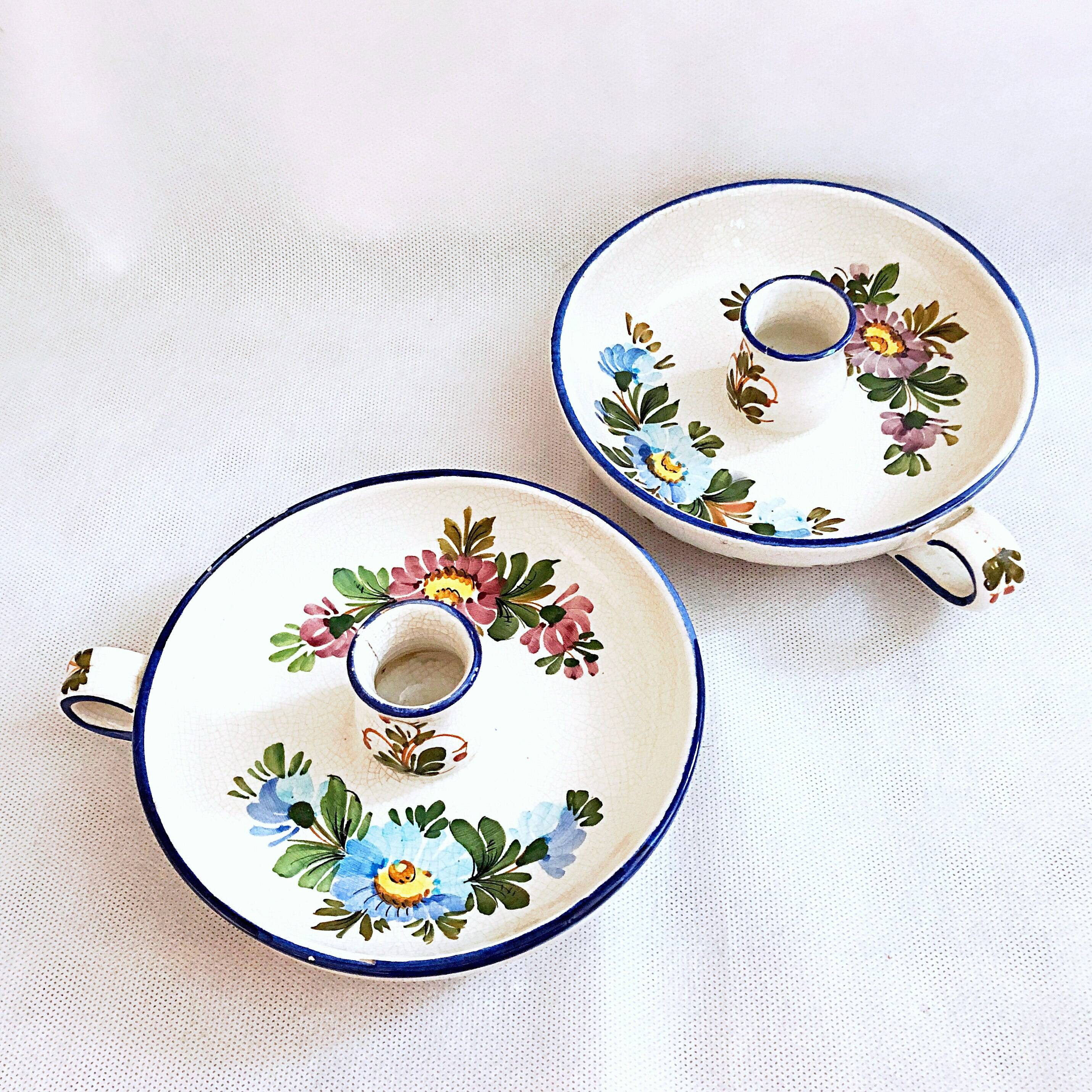 Pair of handmade cracked earthenware hand candlesticks signed Bassano Italy