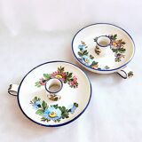 Pair of handmade cracked earthenware hand candlesticks signed Bassano Italy