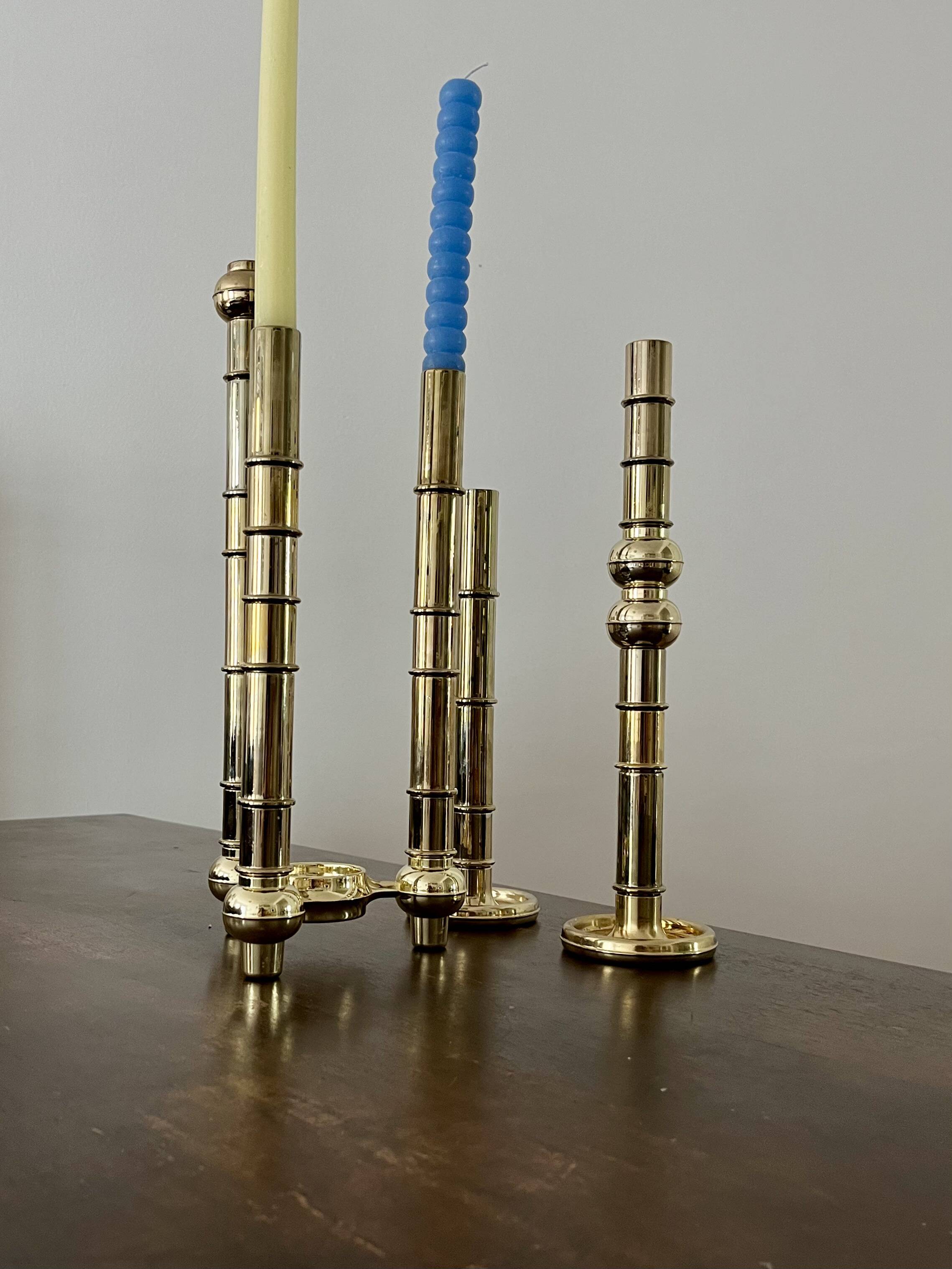 Very Rare Modular Scandinavian Brass Candlestick, 33-Piece Mid-Century Plug
