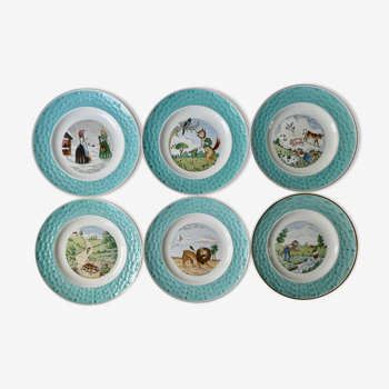 6 assiettes à dessert ou entrée, les Fables de la Fontaine, vintage