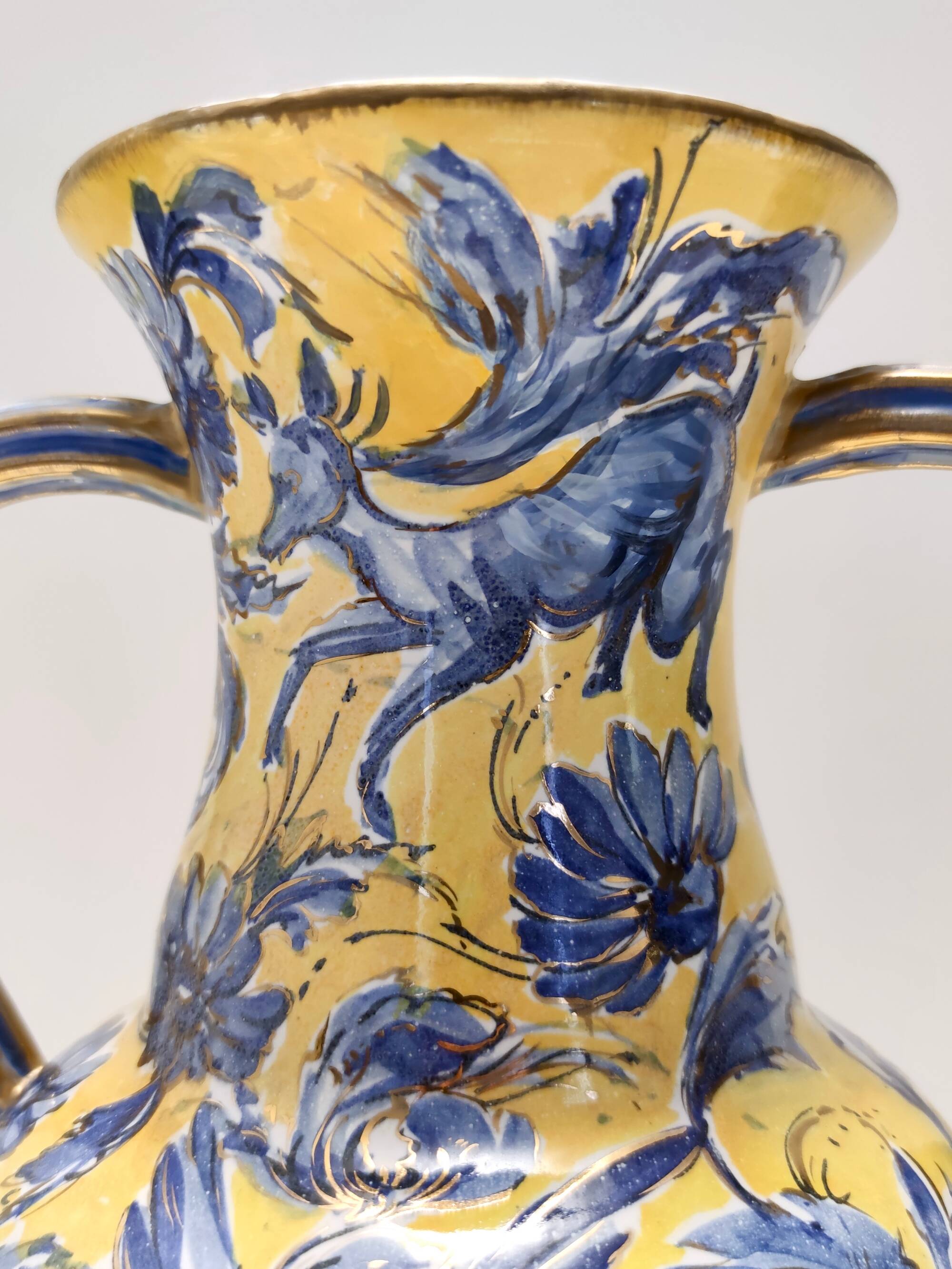 Handmade Yellow and Blue Glazed Ceramic Amphora Vase by Zulimo Aretini, Ita