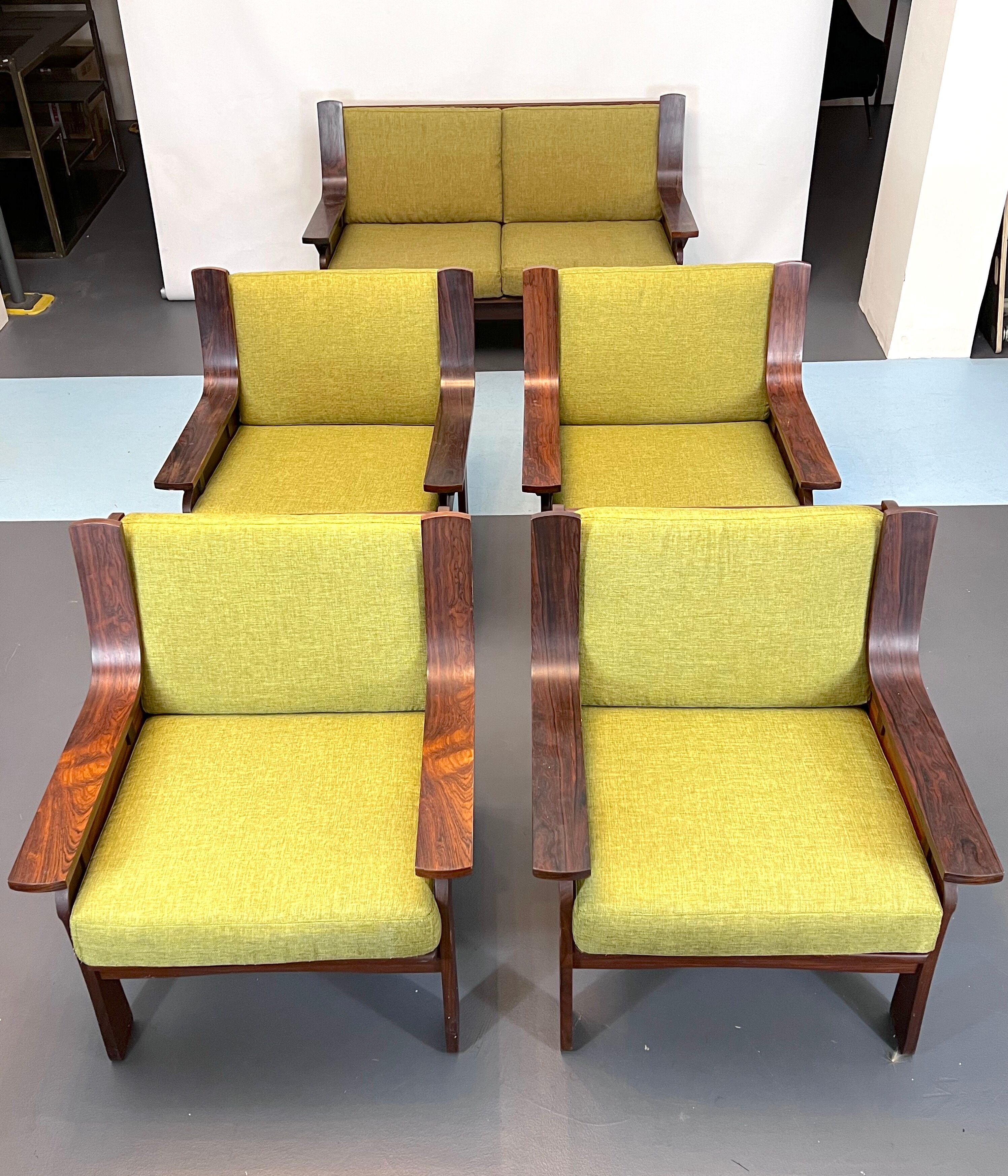 Set of four armchairs and a sofa in wood and green fabric, Italy 1960s