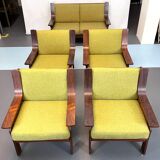 Set of four armchairs and a sofa in wood and green fabric, Italy 1960s