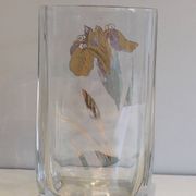 Glass vase with a decoration of a golden flower, around 1970.