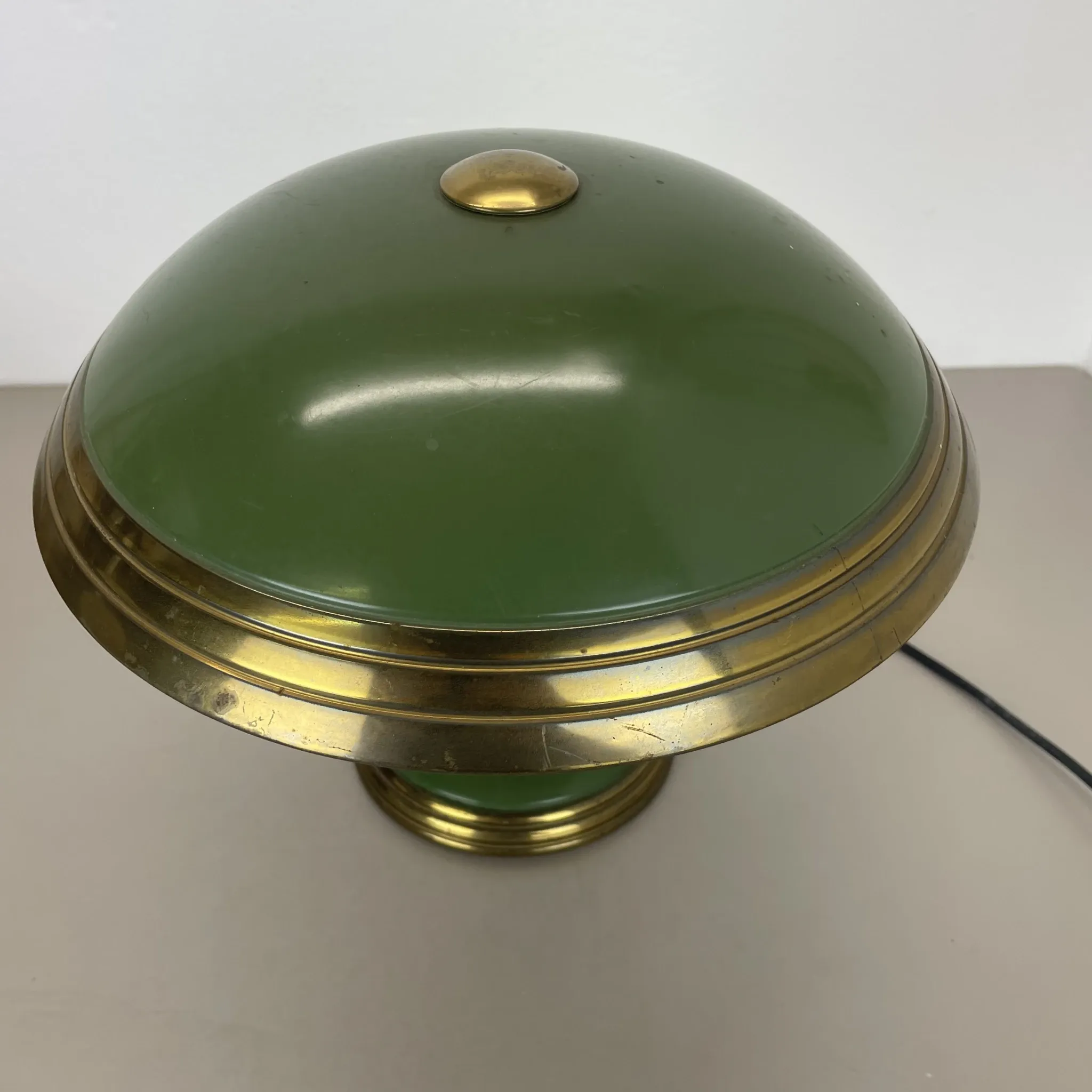 German green bauhaus table lamp in brass and metal by helo lights, germany, 1950s