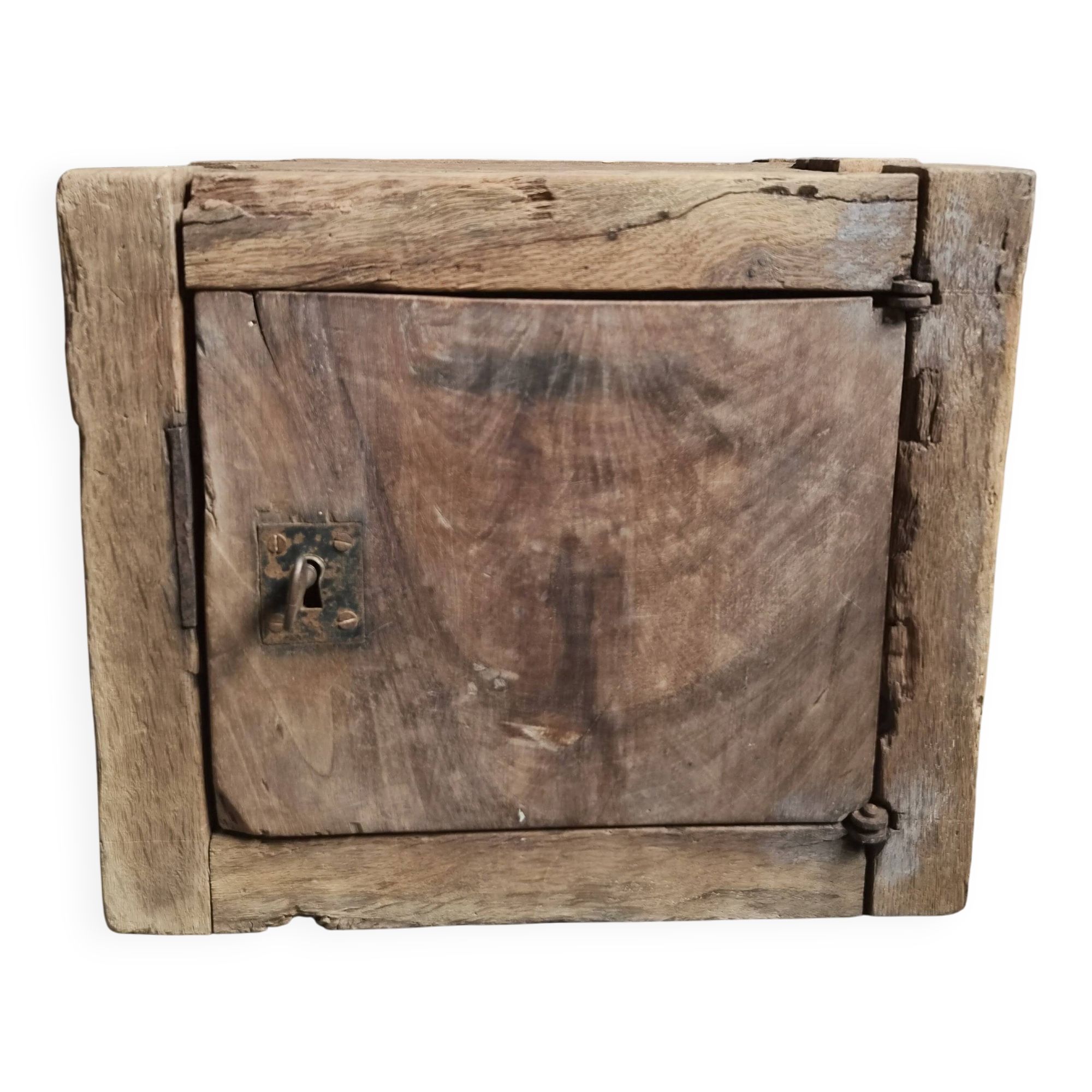 French antique oak safe, lockable rustic chest, circa 1750–1850.