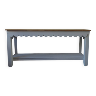 Console with pearl grey patinated base, oak top.