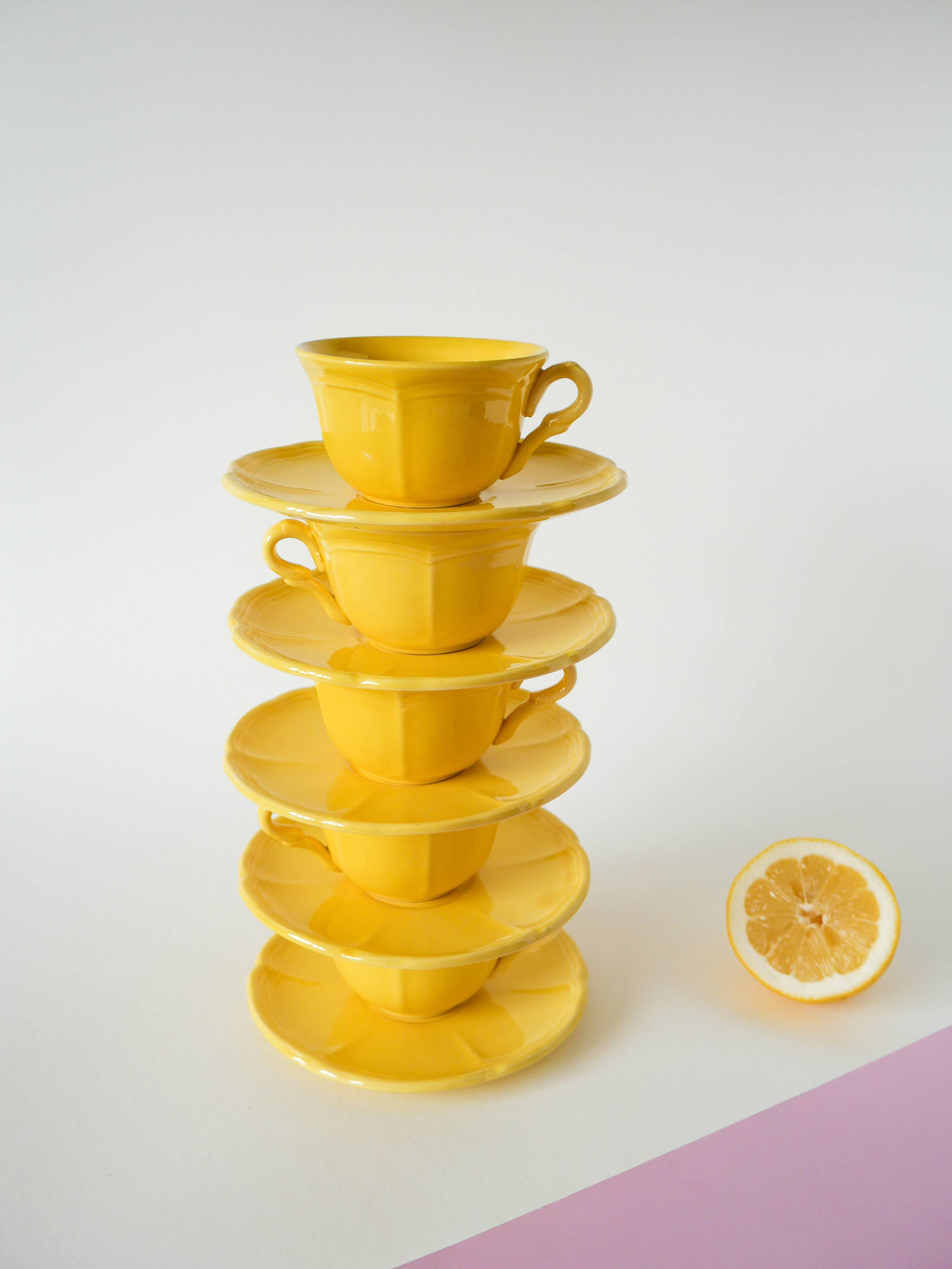 Set of 5 Badonviller lemon yellow cups and saucers, 1960