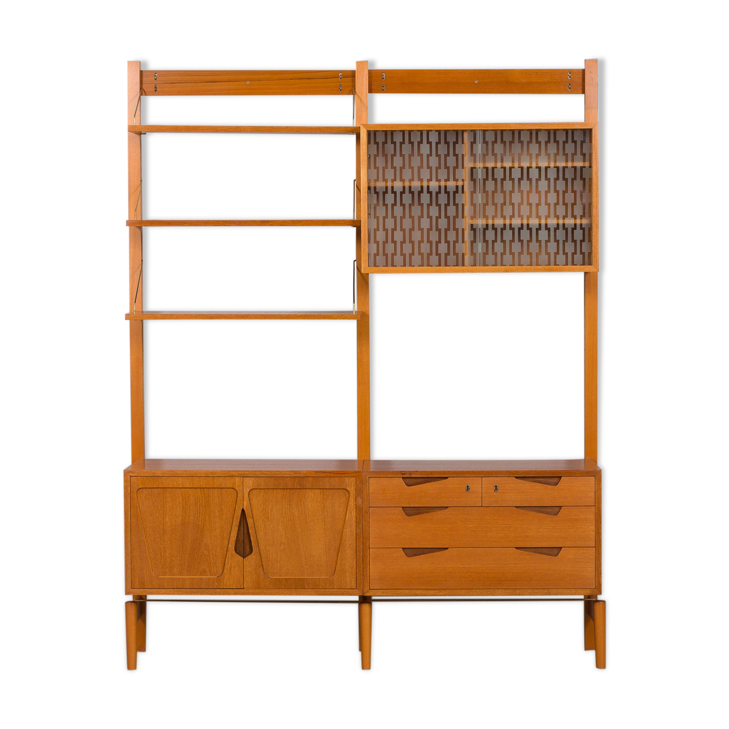 Rival 2 bay free standing teak wall unit with 3 cabinets and 3 shelves by Brodrene Jatogs Norway, Kj