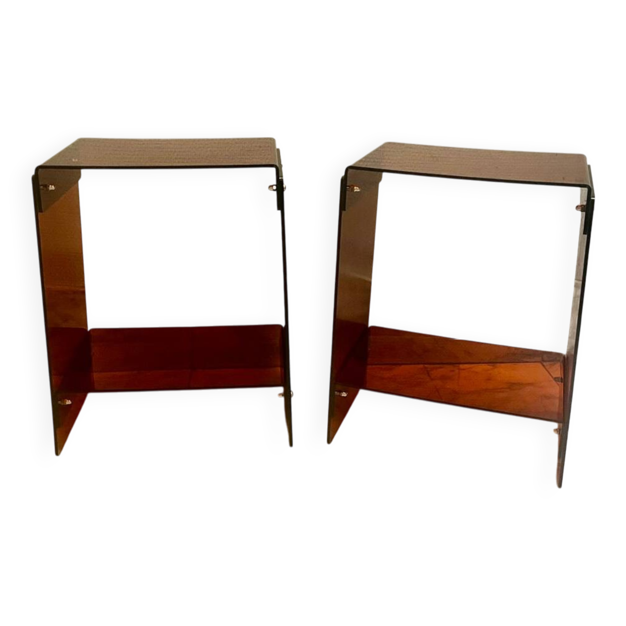Pair of vintage smoked brown plexiglass side tables