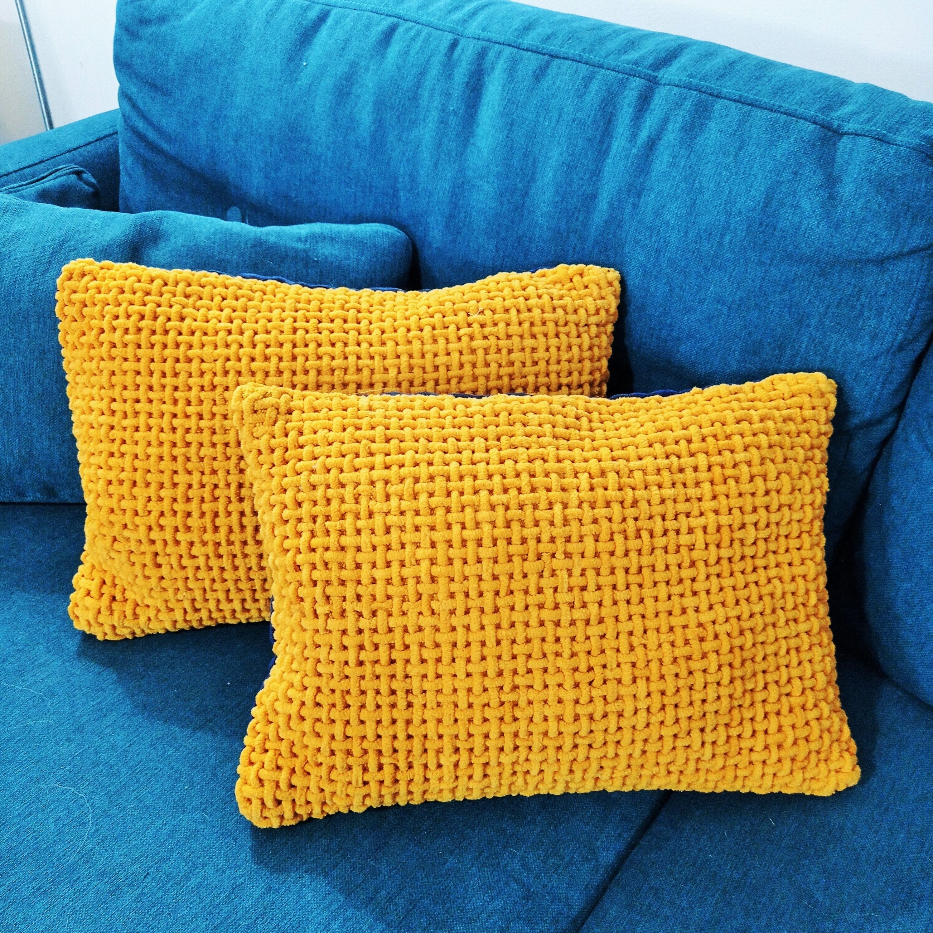 Pair of mustard and ultramarine blue chenille rectangle cushions