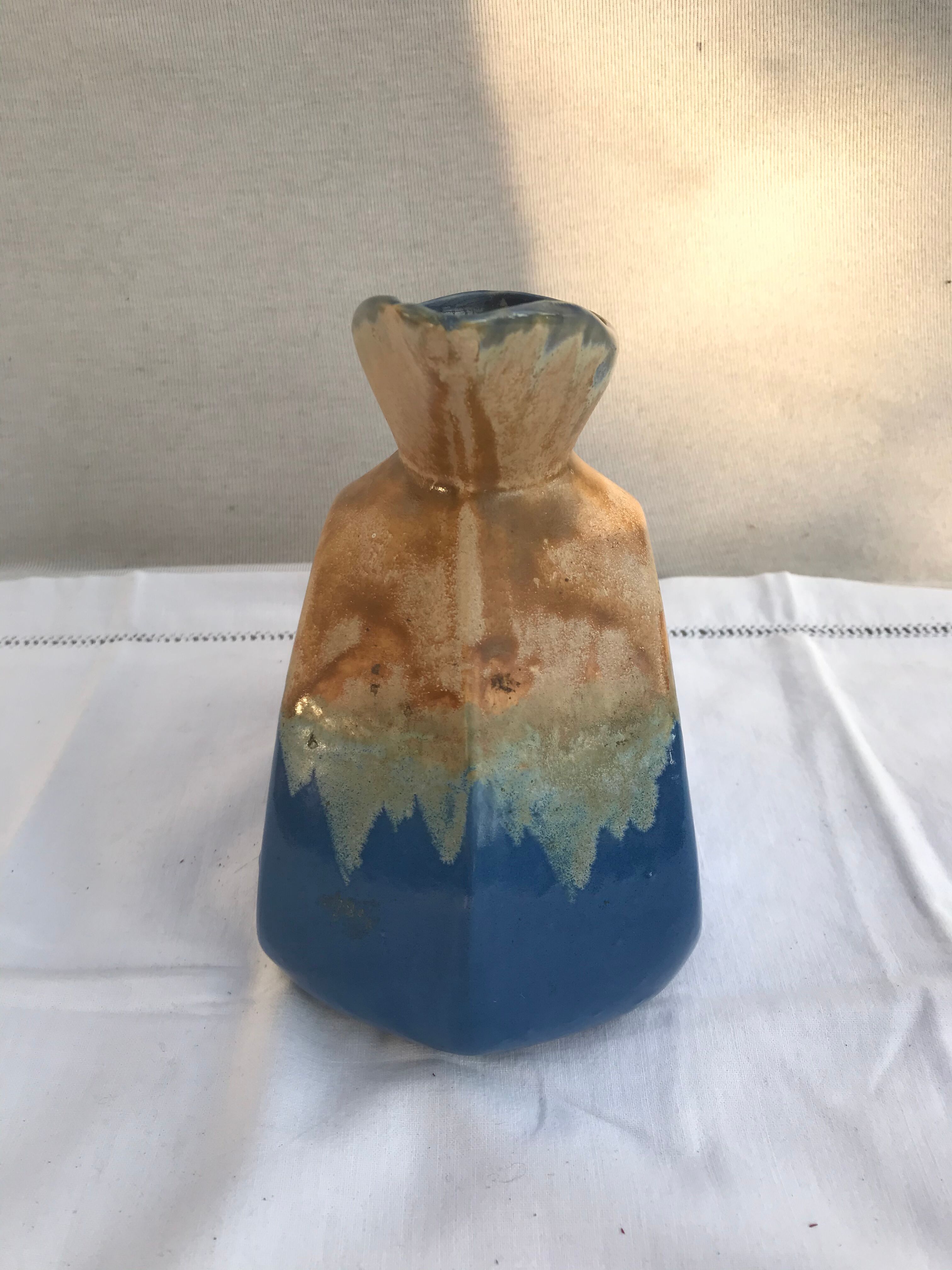 Former Art Deco Pitcher ALPHO Ceramics Enamelled Blue Beige Vintage Kitchen