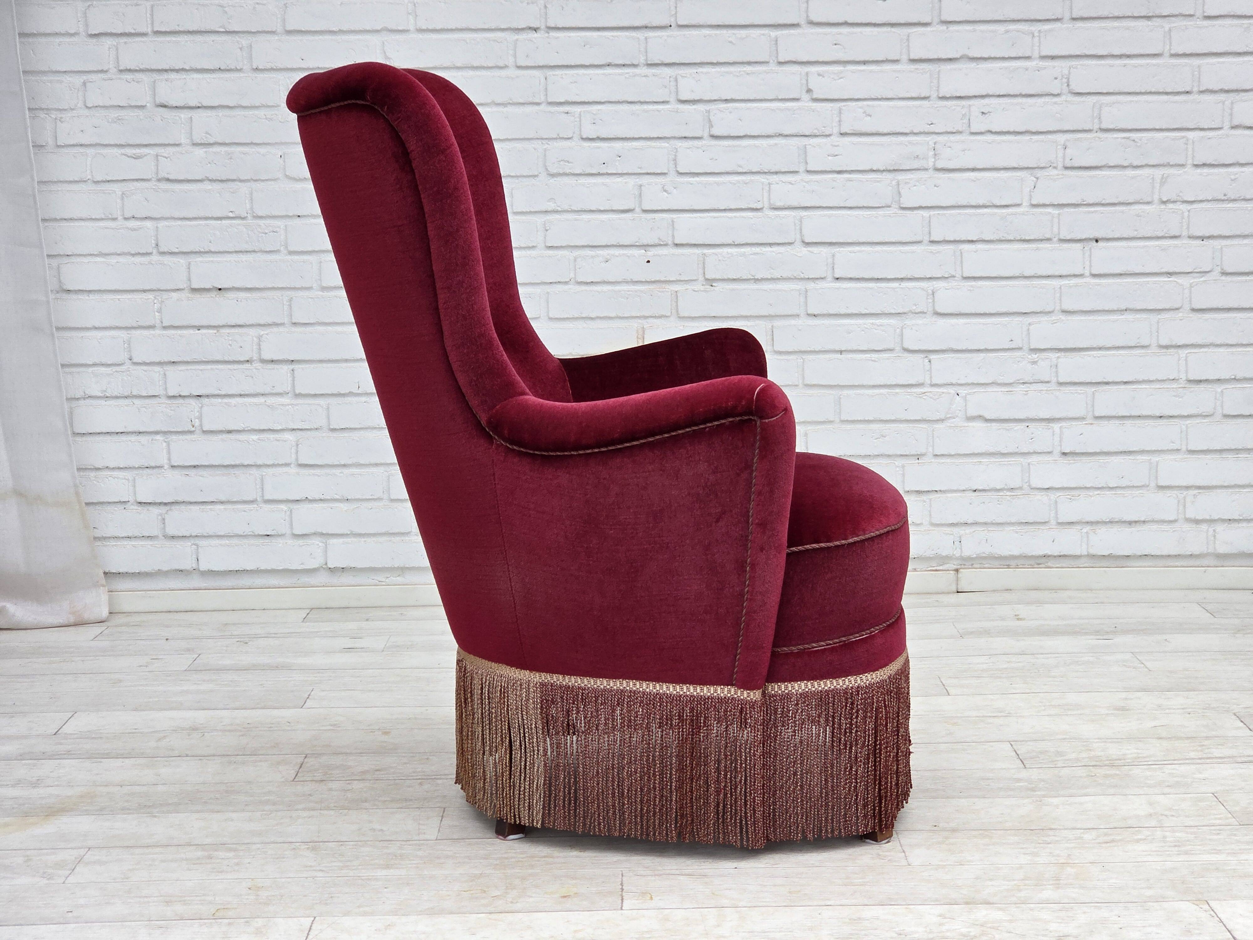 1970s, Danish highback armchair, red furniture velour, beech wood.