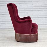 1970s, Danish highback armchair, red furniture velour, beech wood.