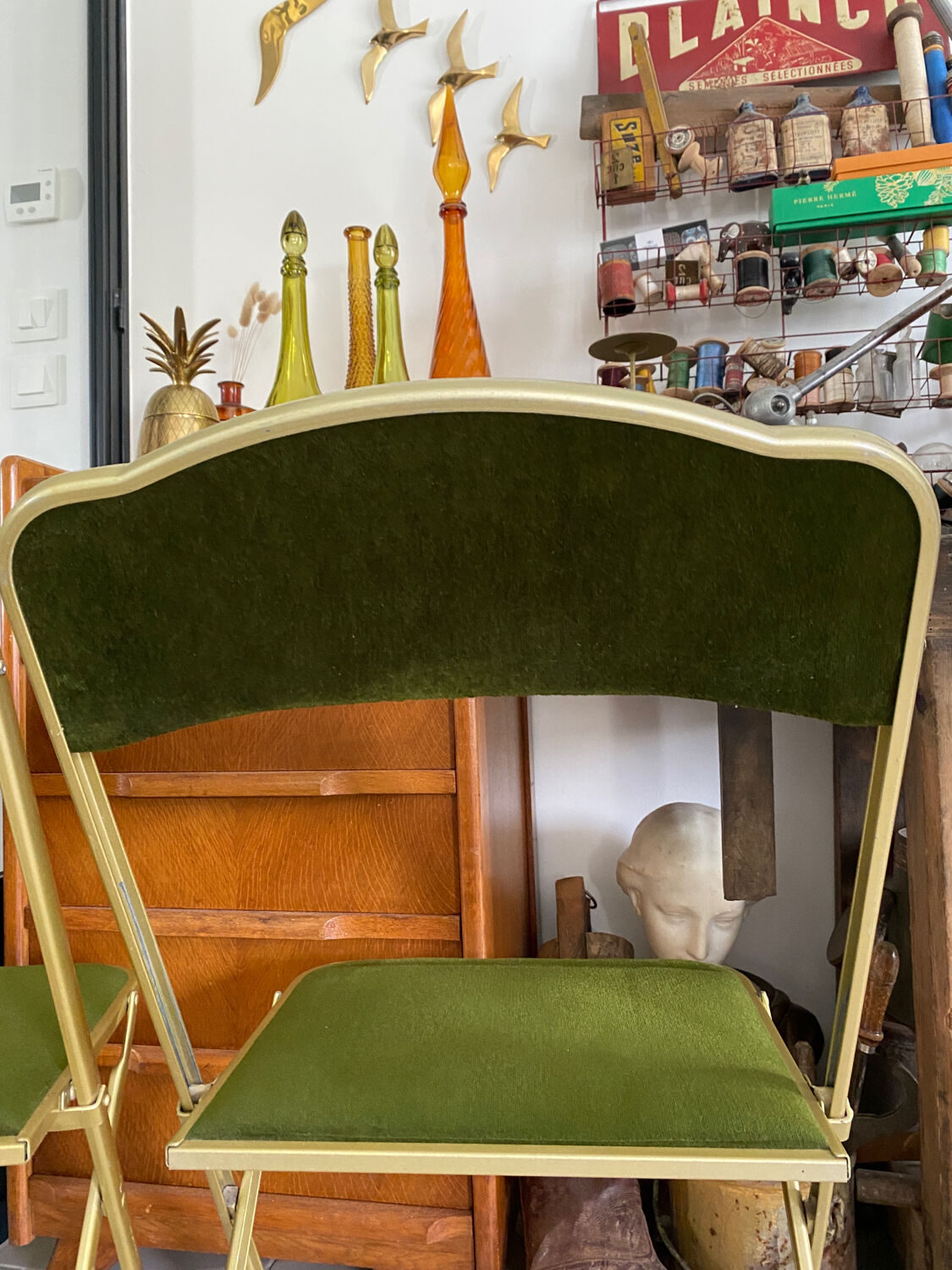 Pair of vintage green velvet folding chairs