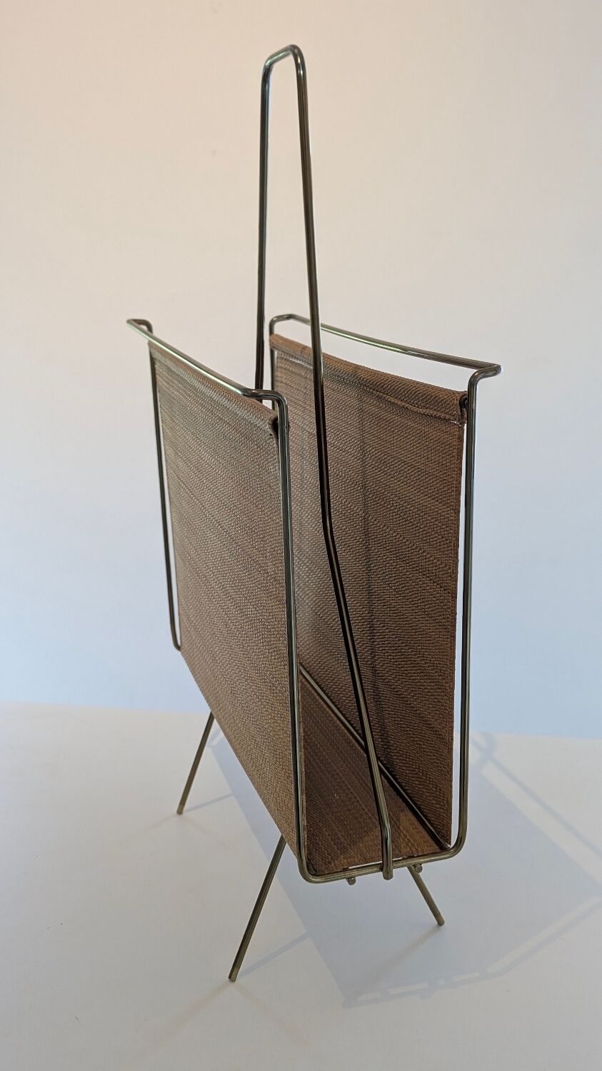 Swedish brass and raffia magazine rack