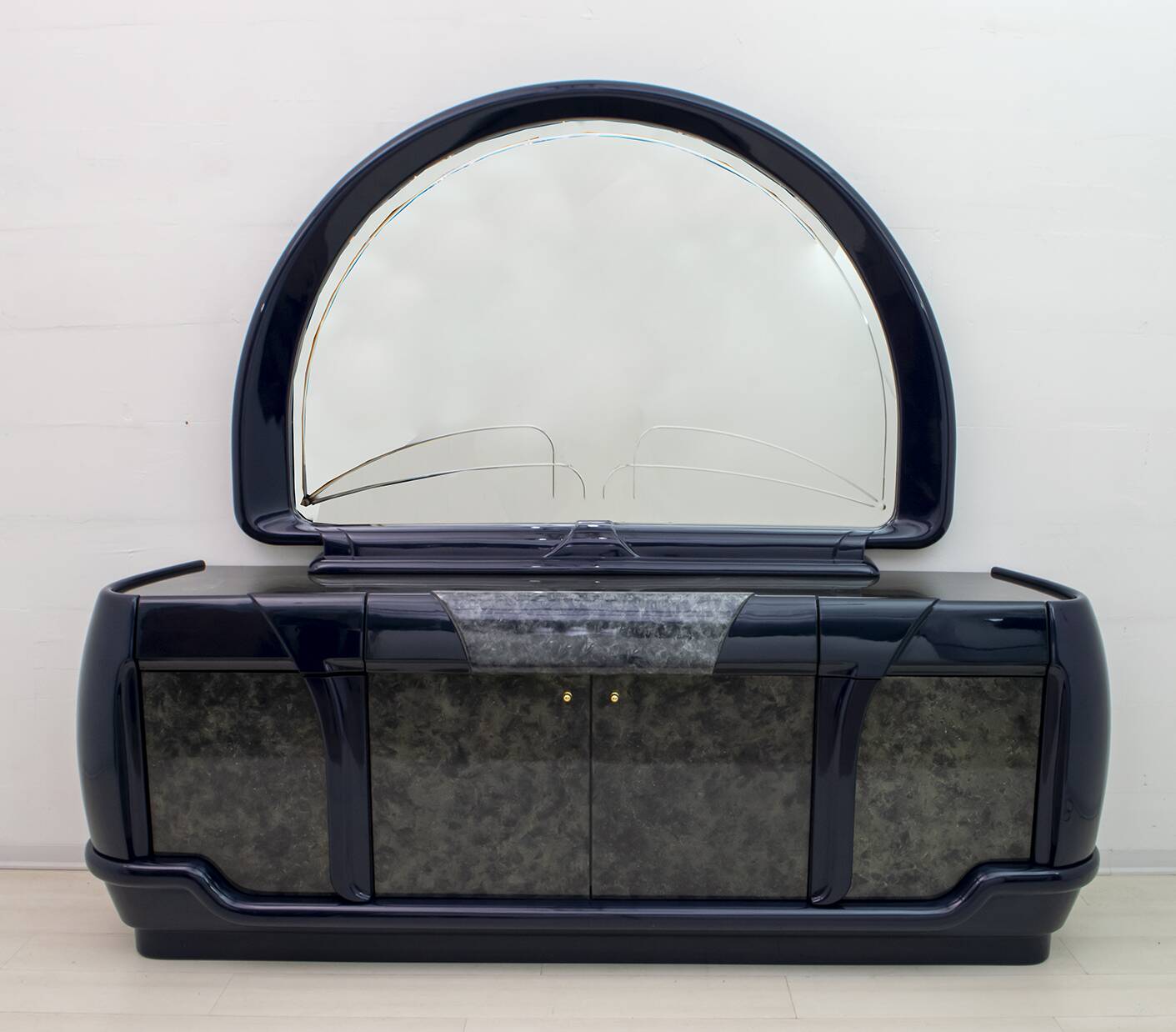 Postmodern Blue Lacquer and Black Marble Sideboard by DBM, Italy, 1980s