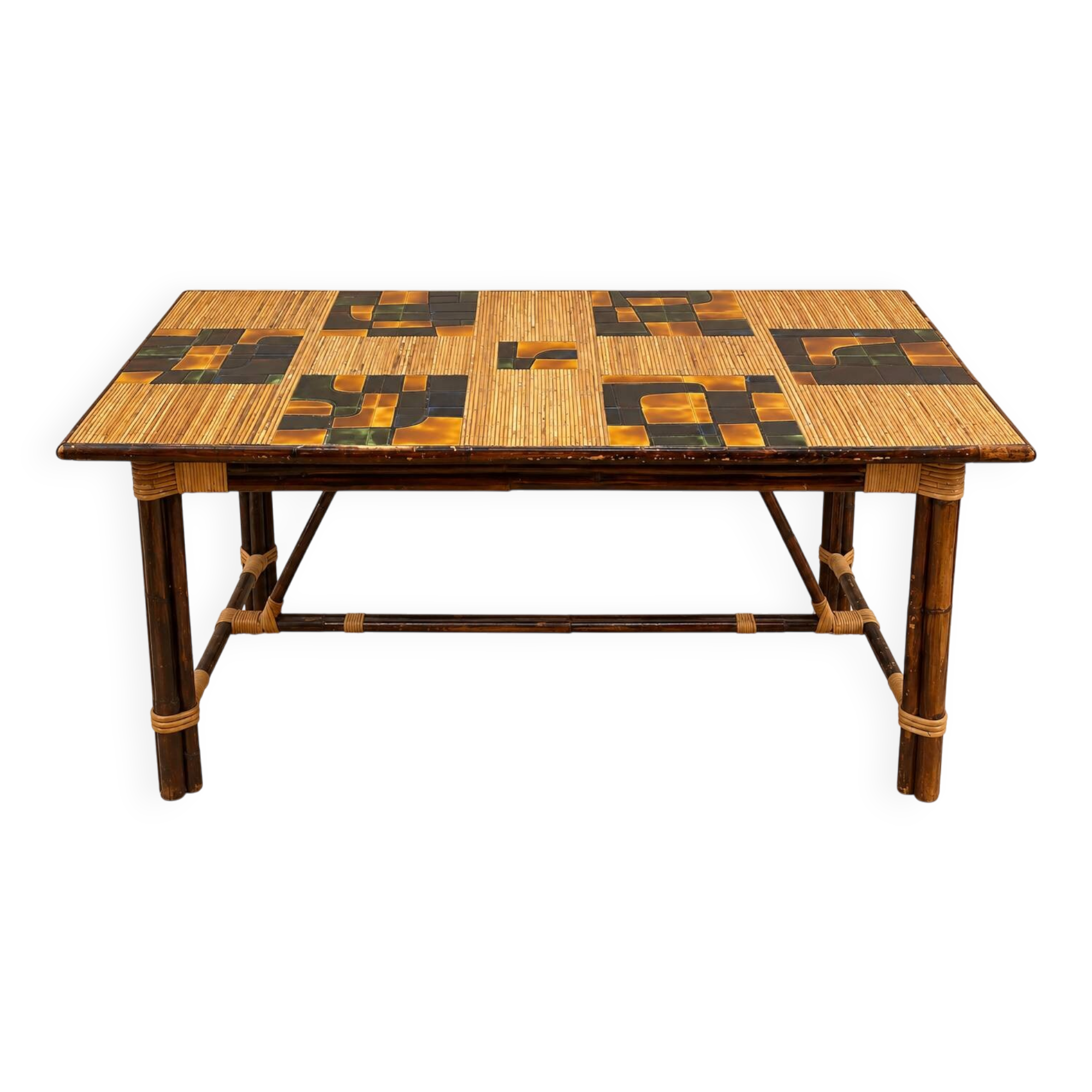Dining table in stained rattan, bamboo and ceramic - audoux & minet