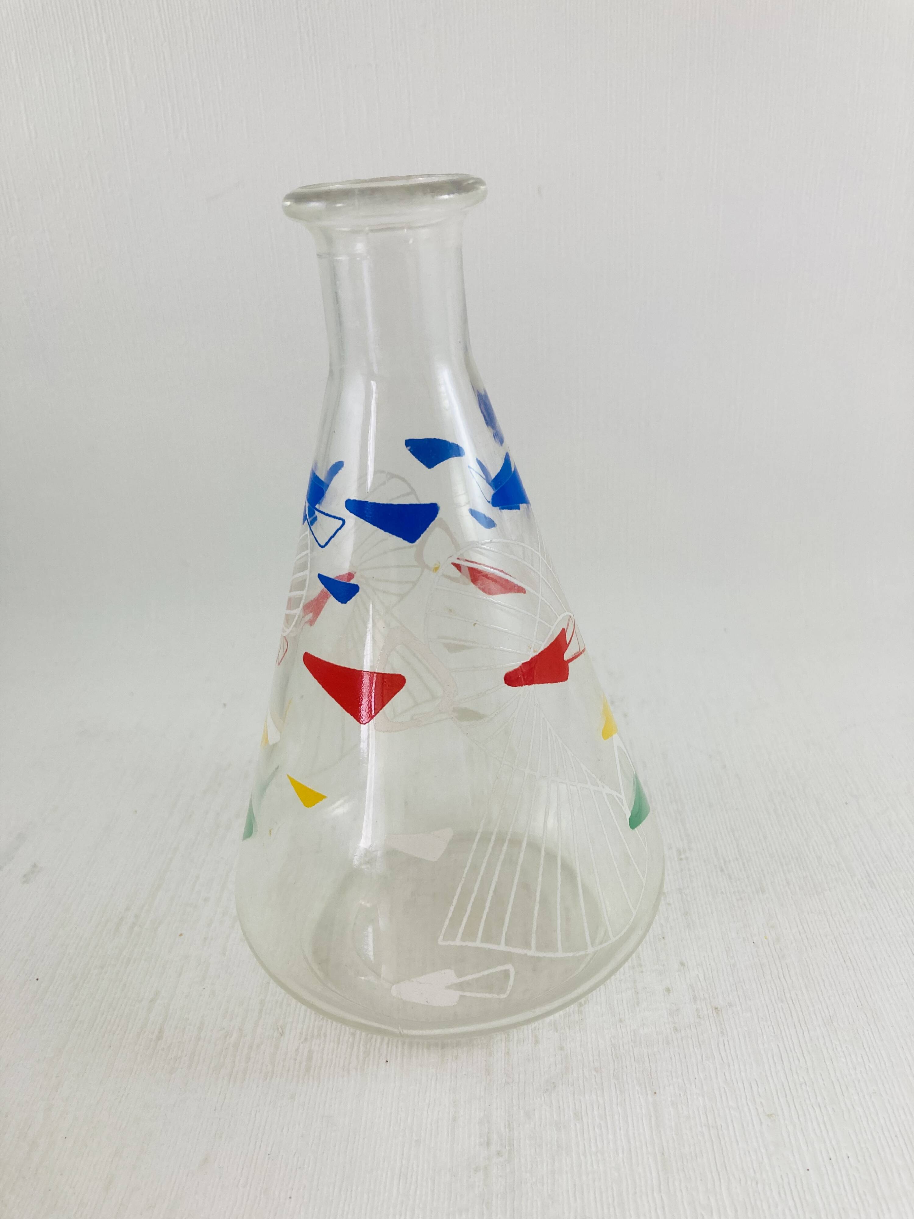 Vintage glass carafe 1960 Atomic boomerang decor blue red yellow