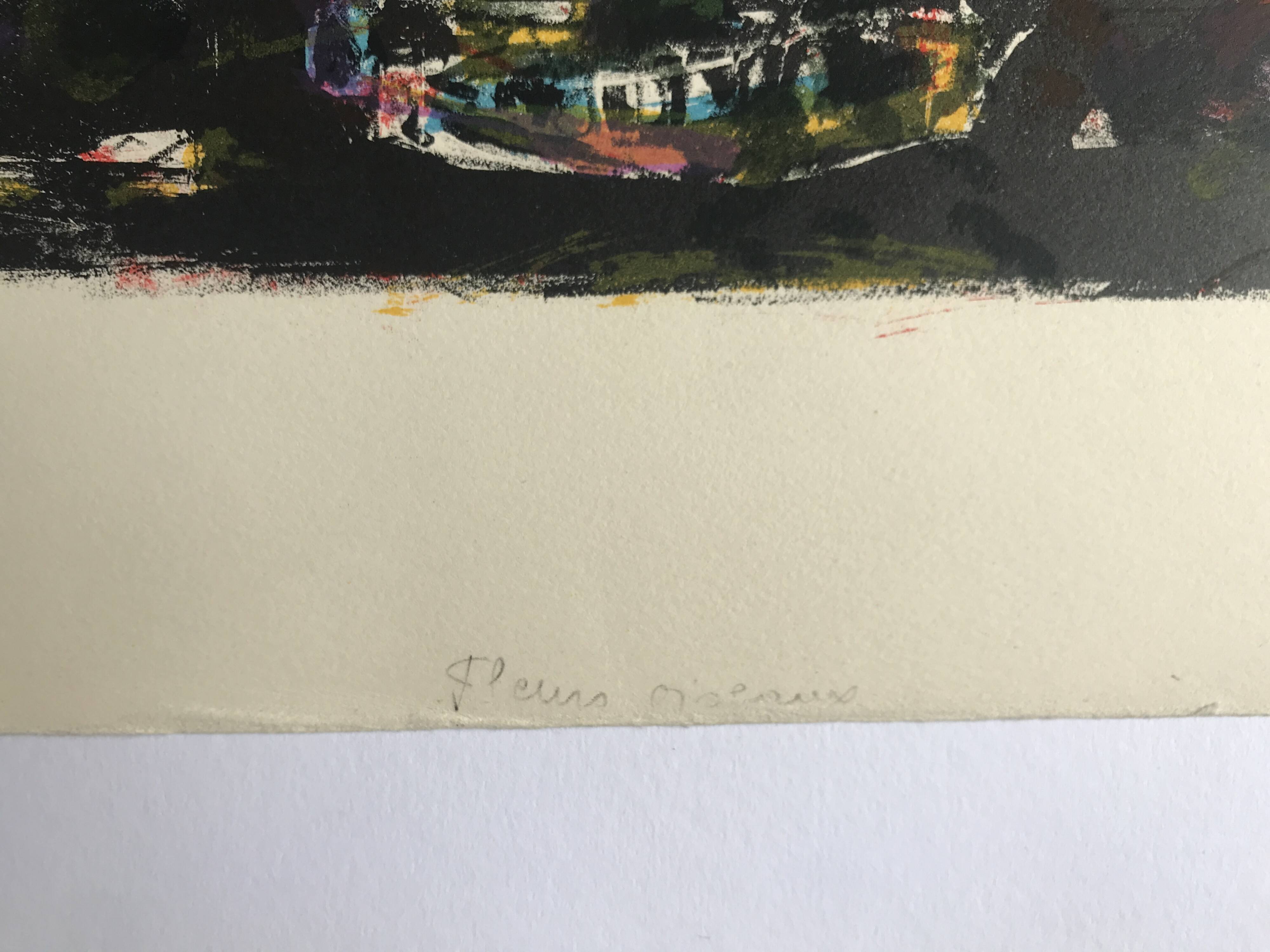 Yvette alde, flowers and birds, c 1950. lithograph signed in pencil