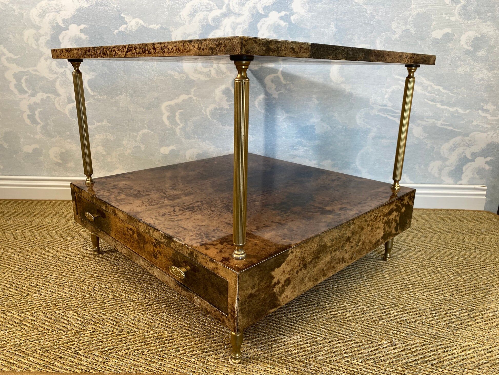 Aldo Tura side table in hazel brown tones with brass legs and bottom drawer