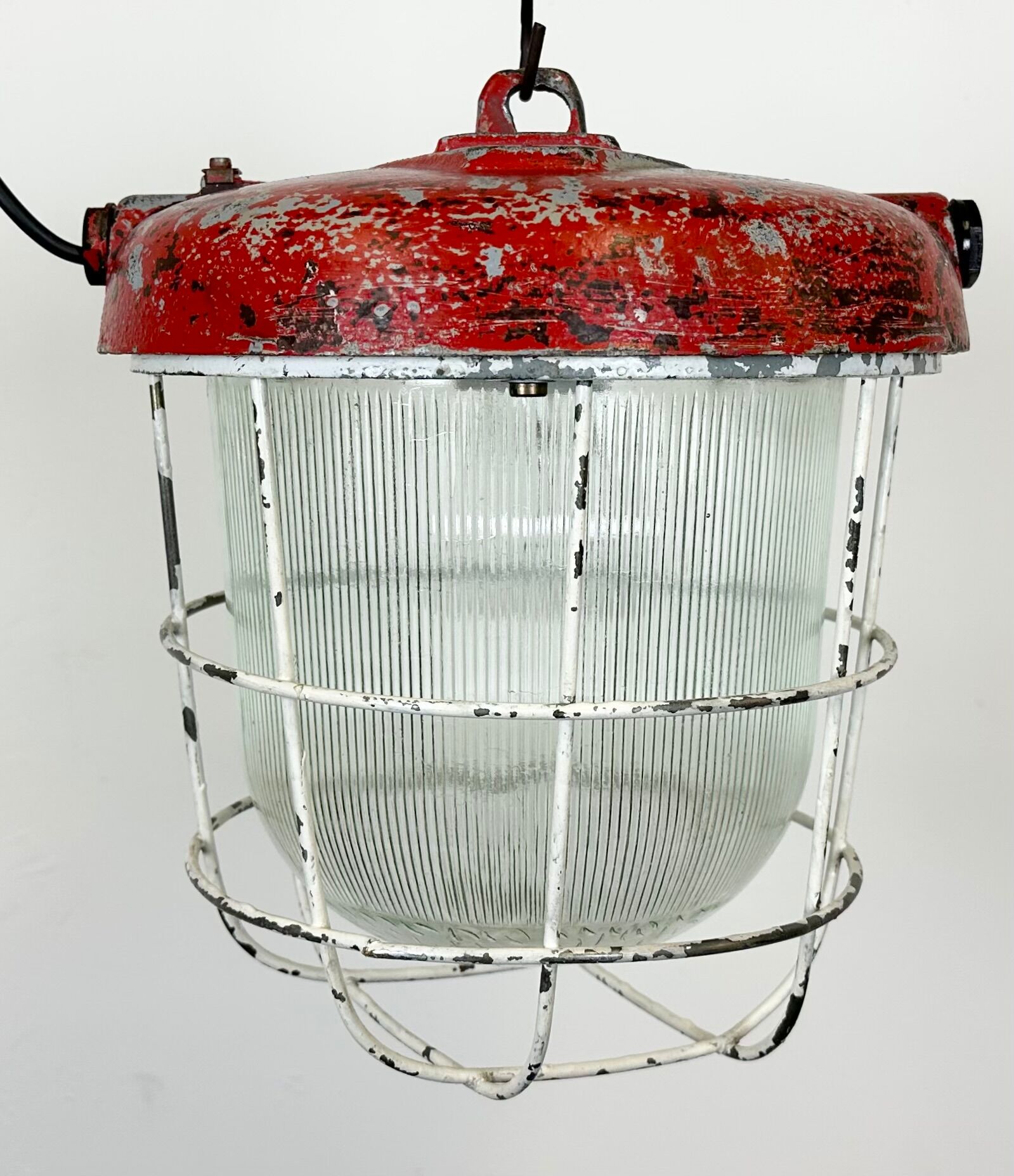 Red industrial cast iron cage pendant light, 1960s