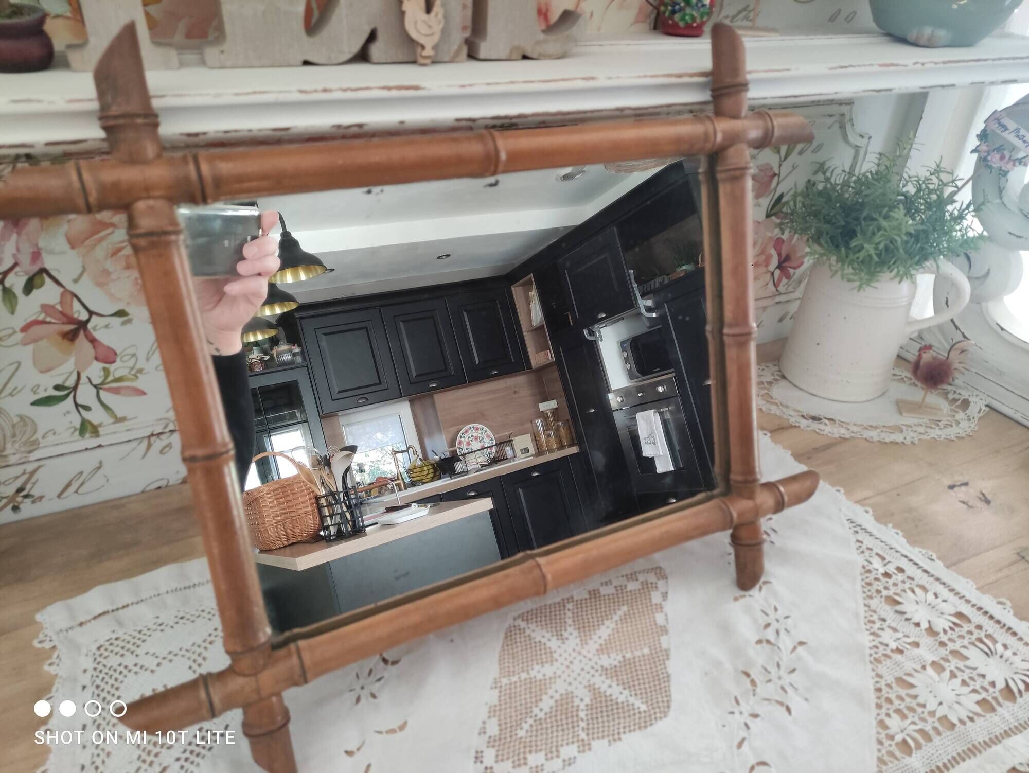 Miroir vintage en bois tourné façon bambou