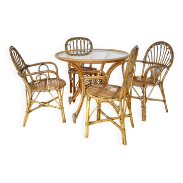 Ensemble table et chaises en rotin années 70
