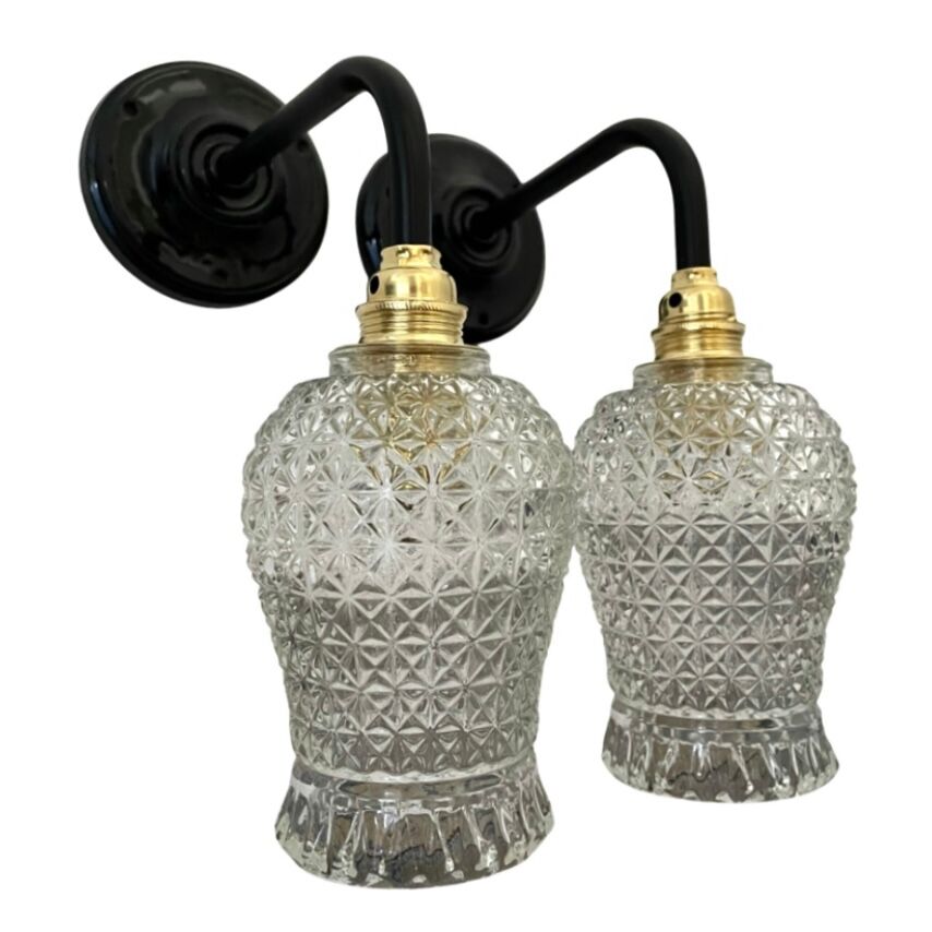 Pair of vintage electrified to nine-piece chiseled glass wall lamps