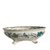 Oval jardinière in earthenware on legs with Japonese motif, birds, leaves.