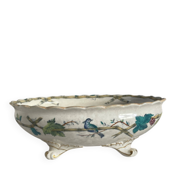 Oval jardinière in earthenware on legs with Japonese motif, birds, leaves.