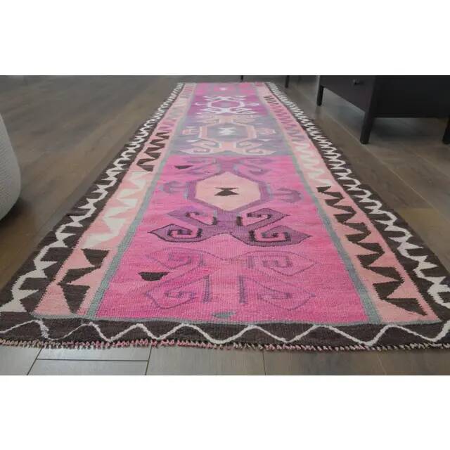 1970s Vintage Turkish Hand-Knotted Wool Cotton Pink Runner Rug 98x303