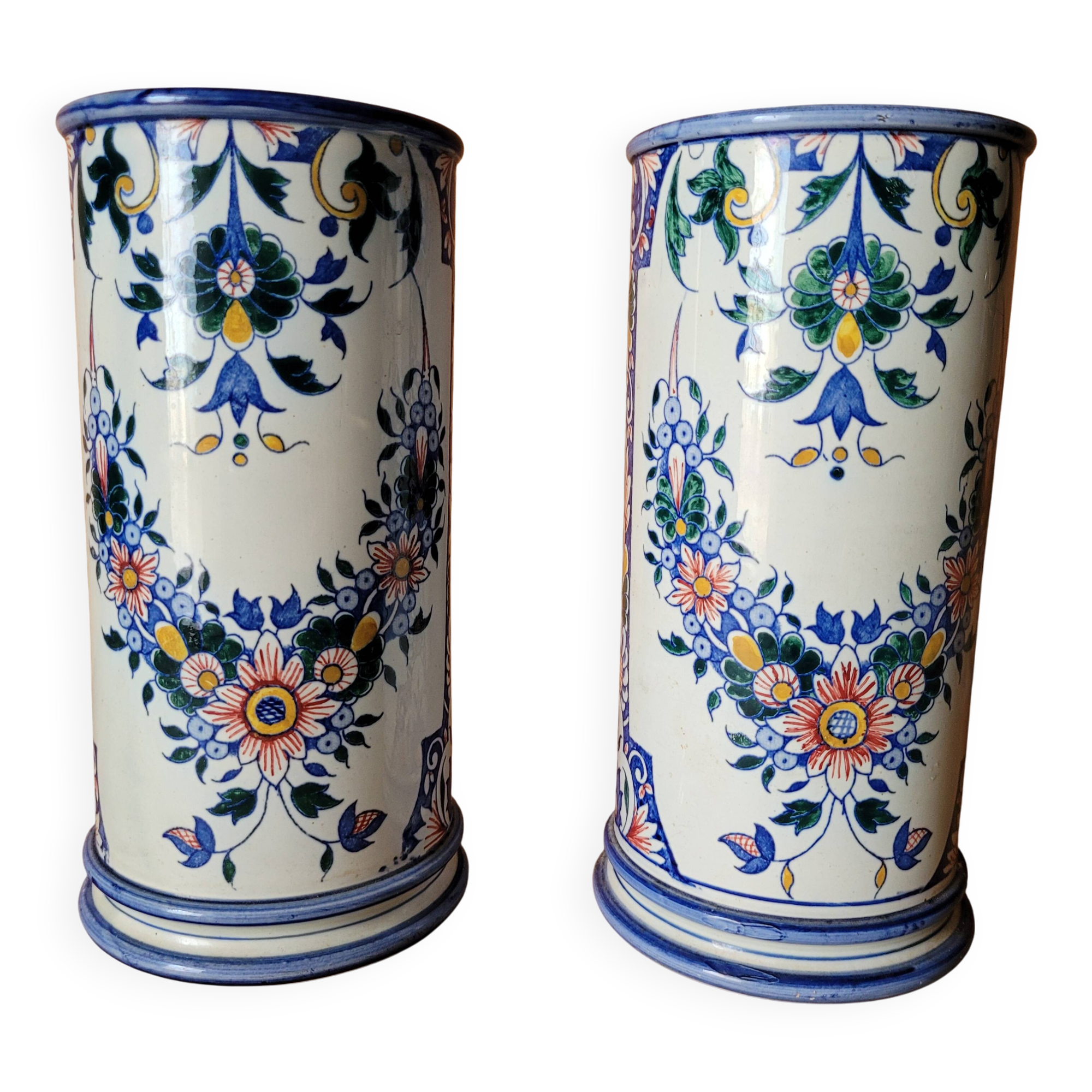 Pair of Gien earthenware roller vases with Rouen decoration