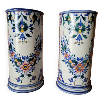 Pair of Gien earthenware roller vases with Rouen decoration