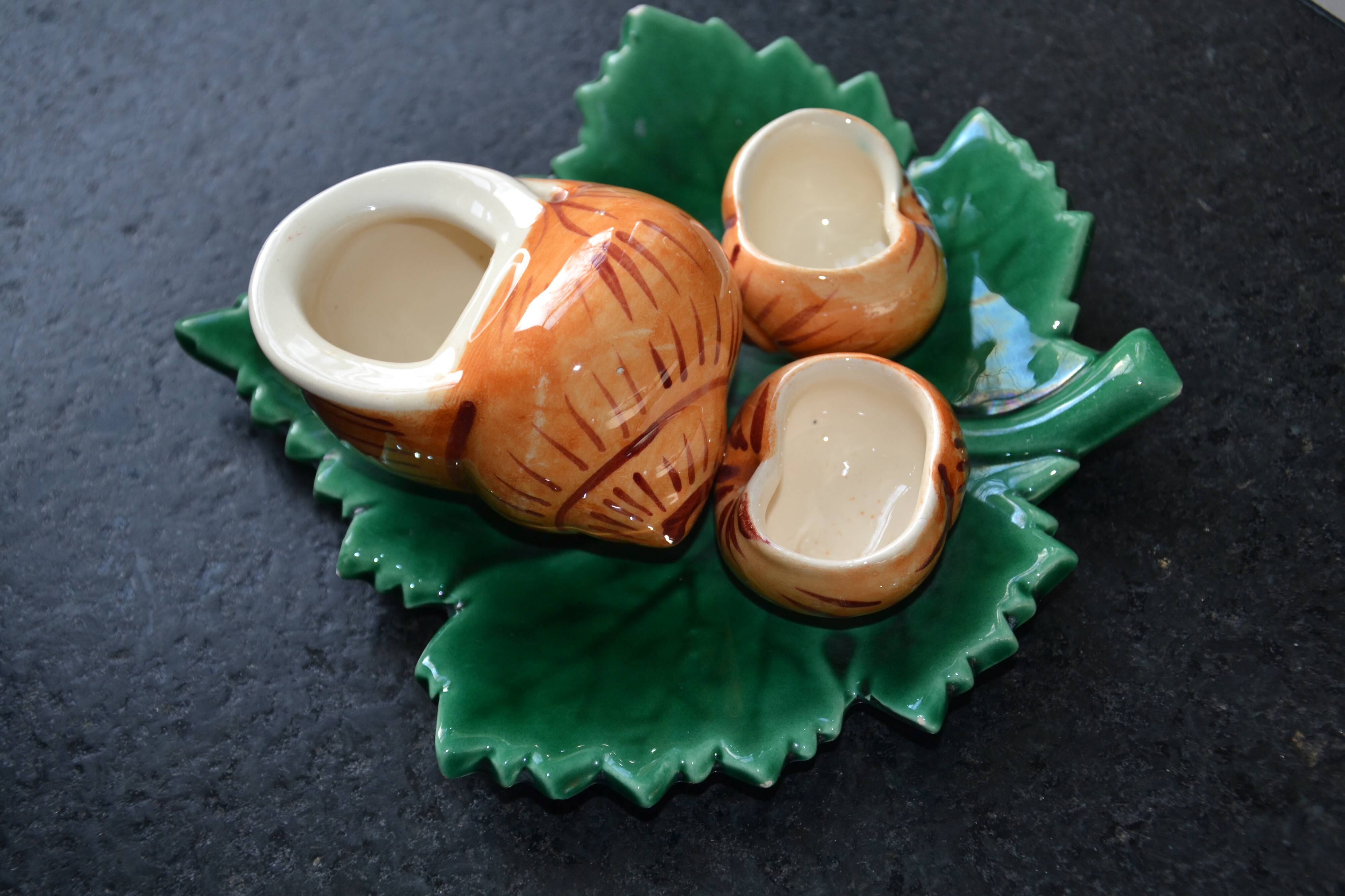 Salt and pepper shakers, mustard and barbotine Roger Colas