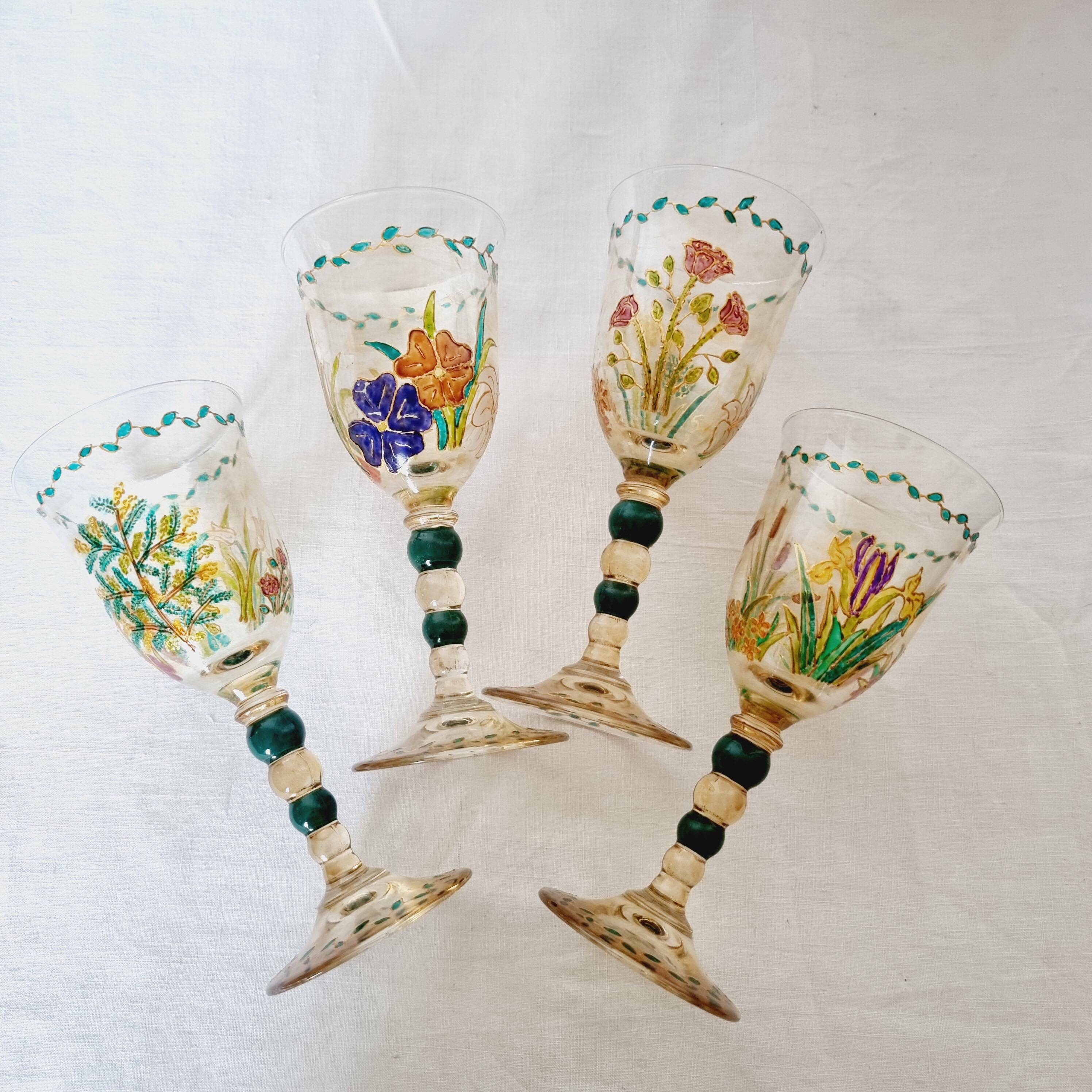 Set of 4 antique hand painted glass water or wine glasses with details inspired by the style