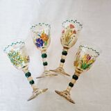 Set of 4 antique hand painted glass water or wine glasses with details inspired by the style