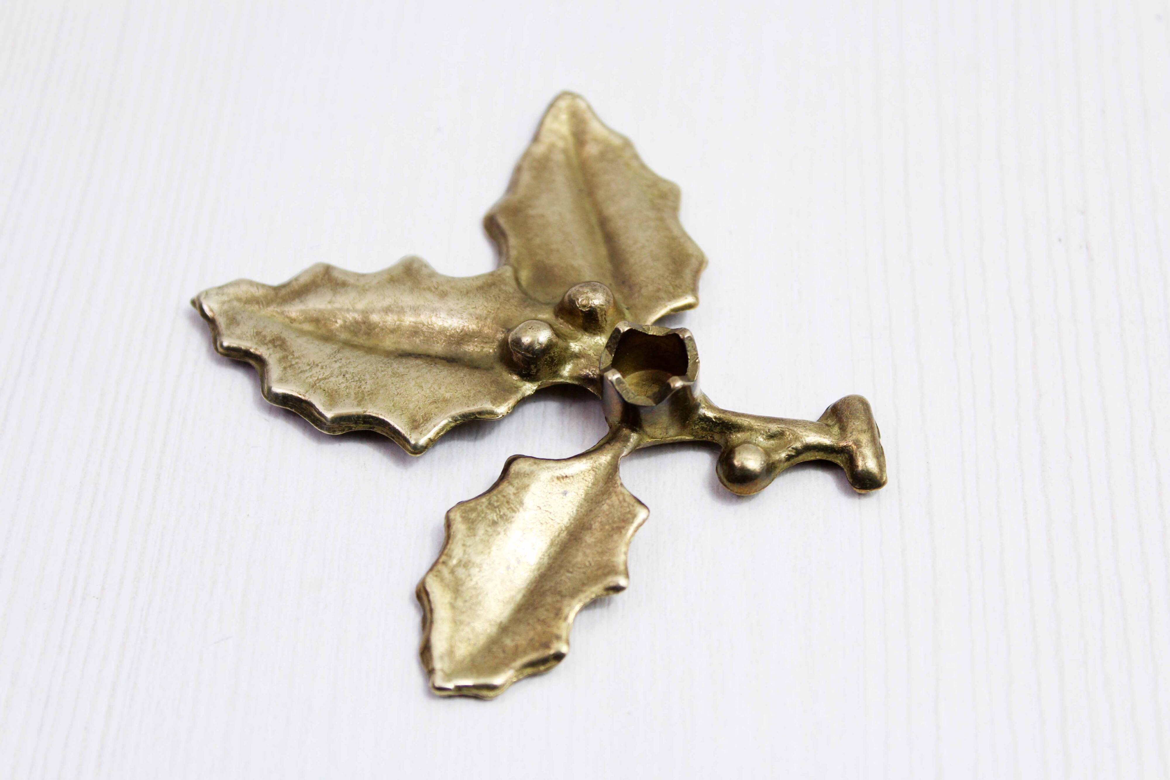 Vintage Holly Candle Holder, Brass