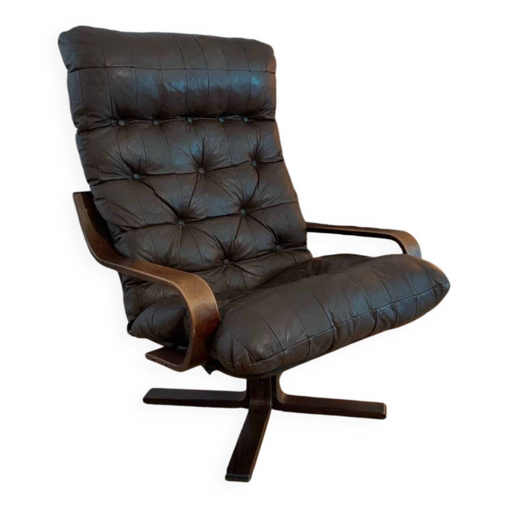 Vintage leather armchair with wooden armrests