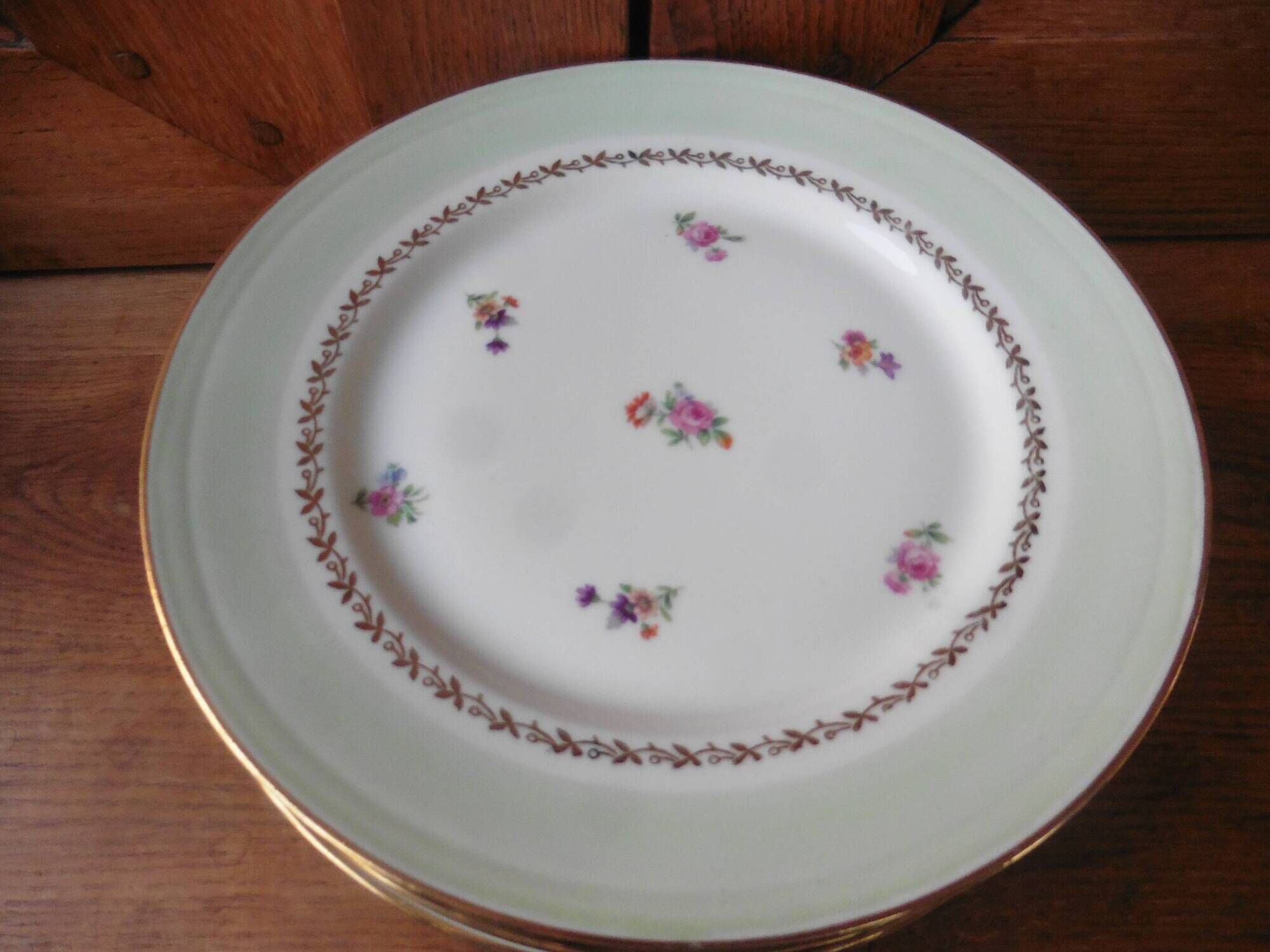 6 flat plates in PL Limoges porcelain 24 cm flower decoration with gold edging