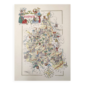 Carte ancienne région Champagne illustrée Jacques Liozu 1951
