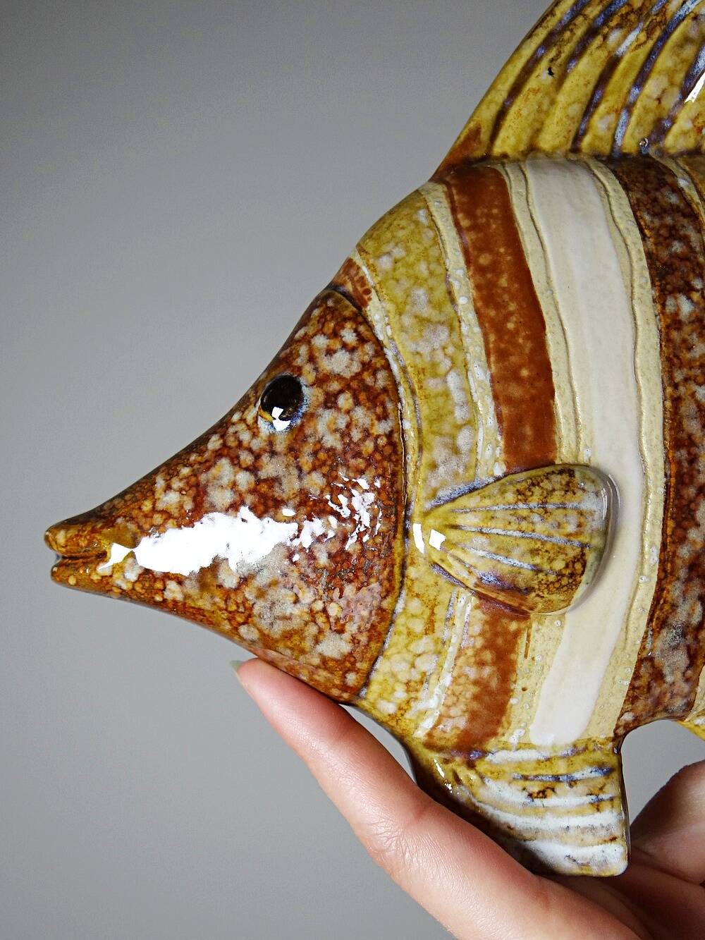 Vintage ceramic wall fish in glazed handmade style, 1970s-1980s.