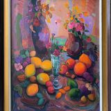 Painting "Still life with flowers and fruits" HST François Chanteclair born in 1942