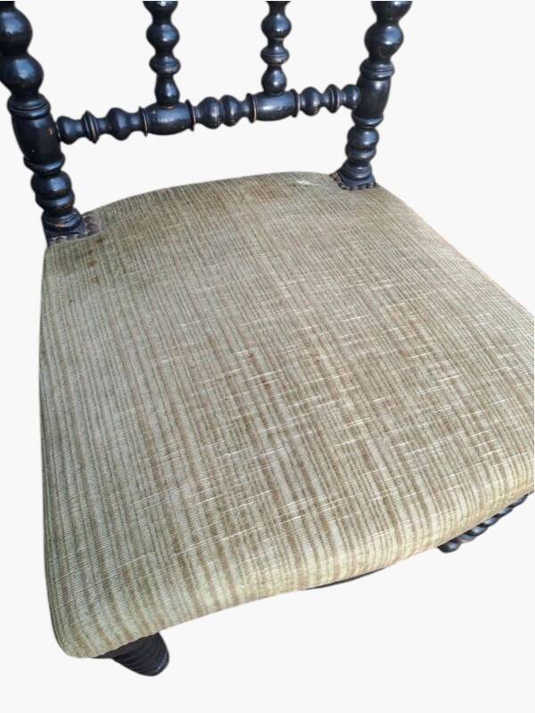 Pair of vintage twisted black wood chairs – Light green fabric seats